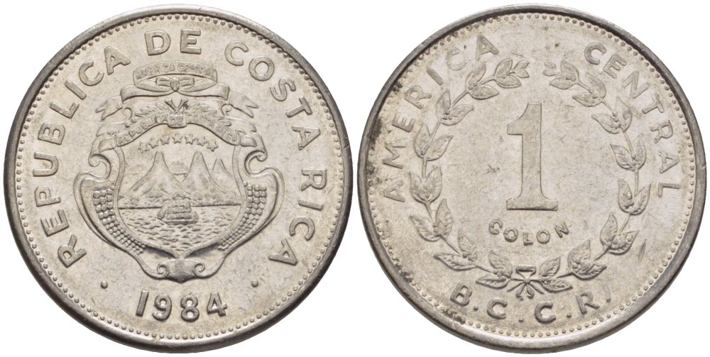 КОСТА-РИКА 1 КОЛОН 1984 В.С.С.R. KM 210.1 нержавеющая сталь 31-555