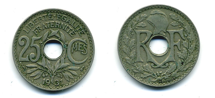 ФРАНЦИЯ 25 САНТИМОВ 1931 ТИП ЛАНДАЙЁ KM 867а, LE FRANC 171,15 медно-никель 84-412