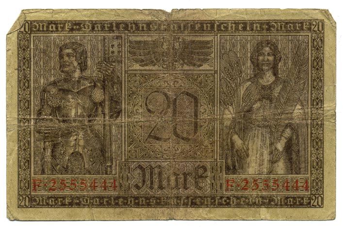 Германия 20 марок 1918 20 февраля 1918, серия F, красная, Минерва и Меркурий Pick 57, Rosenberg 55 бумага 7217-80-3-2