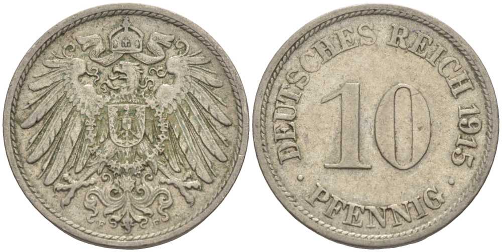 ГЕРМАНИЯ 10 ПФЕННИГОВ 1915 F KM 12, J. 13 медно-никель 65-841