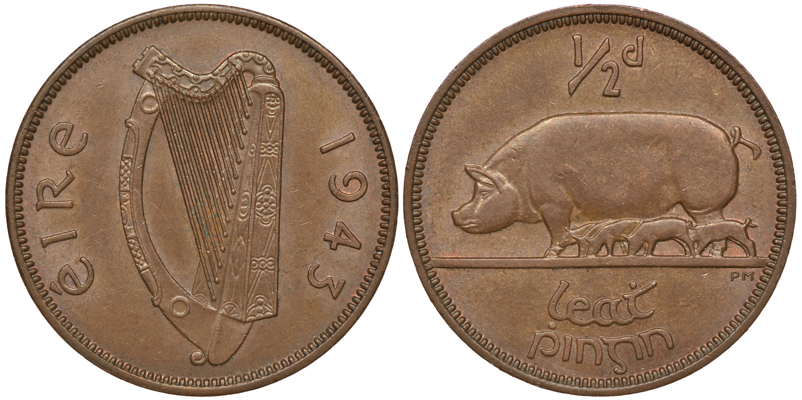 ИРЛАНДИЯ 1/2 ПЕННИ 1943 СВИНЬЯ С ПОРОСЯТАМИ KM 10 бронза 4393-1251