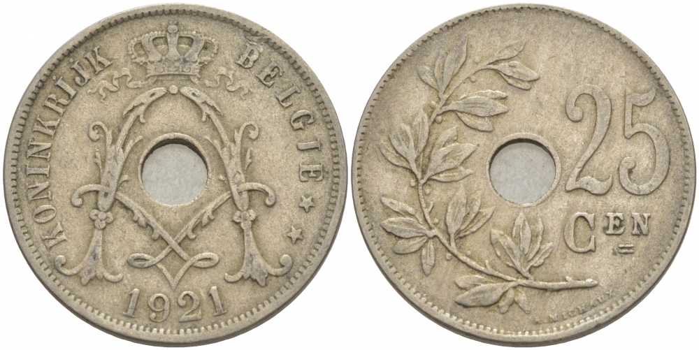 БЕЛЬГИЯ 25 САНТИМОВ 1921 BELGIE KM 69 медно-никель 4529-1124