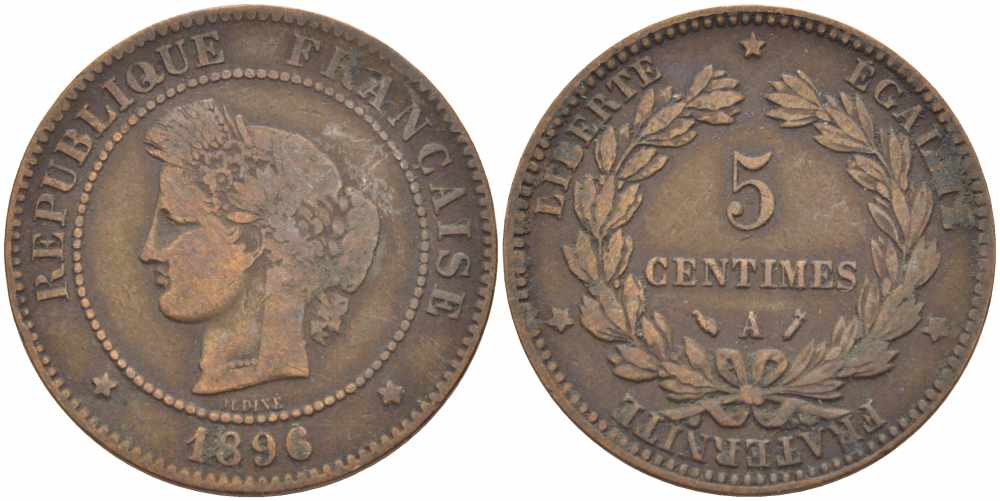 ФРАНЦИЯ 5 САНТИМОВ 1896 A, ТРЕТЬЯ РЕСПУБЛИКА (1871-1940) KM 821.1, LE FRANC 118.38 бронза 108-737