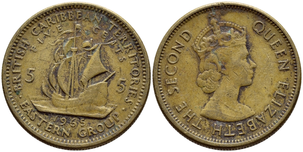 Британские Восточно-Карибские территории 5 центов 1965 Елизавета II (1952-2022), парусник KM 4 никель латунь 4391-1221