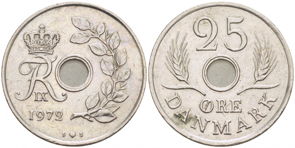 ДАНИЯ 25 ЭРЕ 1972 S; S, ФРЕДЕРИК IX (1947-1972) KM 855.2 медно-никель 3996-933