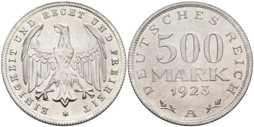 Германия 500 марок 1923 А KM 36, J.305 алюминий UNC 4574-835