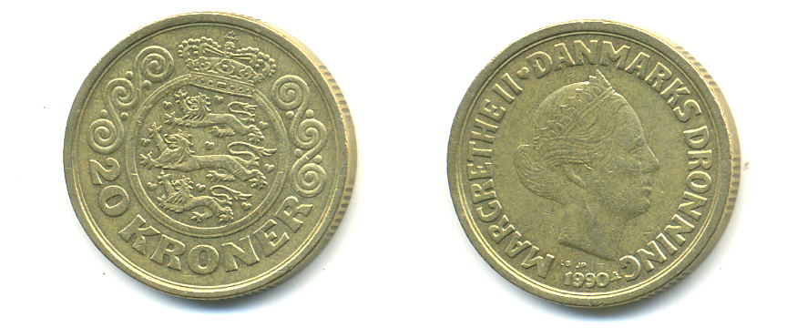 ДАНИЯ 20 КРОН 1990 МАРГАРЕТ II KM 871 алюминиевая бронза 179-241