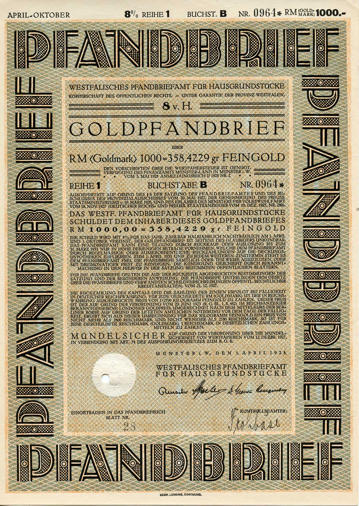 Германия 1000 золотых марок 1928 Вестфальское бюро залога жилой недвижимости, облигация   бумага   8803-138-1