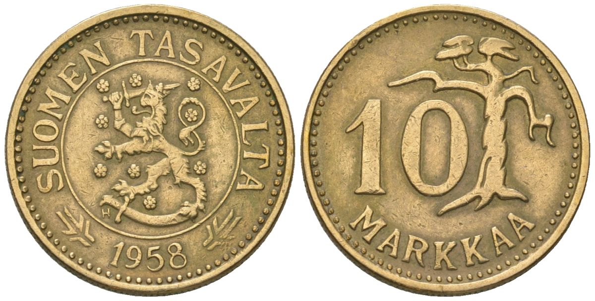 Финляндия 10 марок 1958 H KM 38 алюминиевая бронза 4169-723