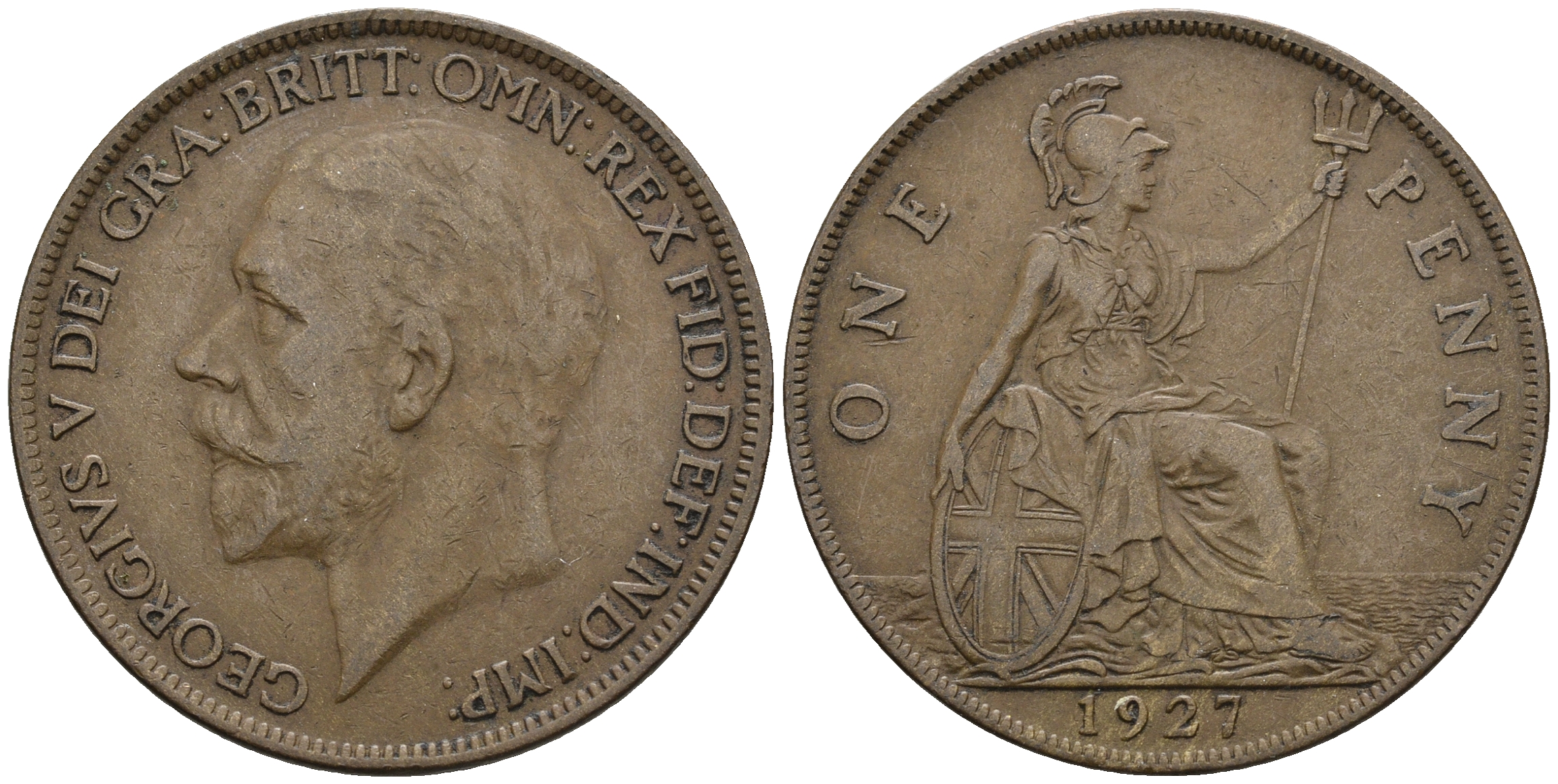 Великобритания 1 пенни 1927 Георг V (1910-1936) КМ 826, Spink 4054 бронза 177-445