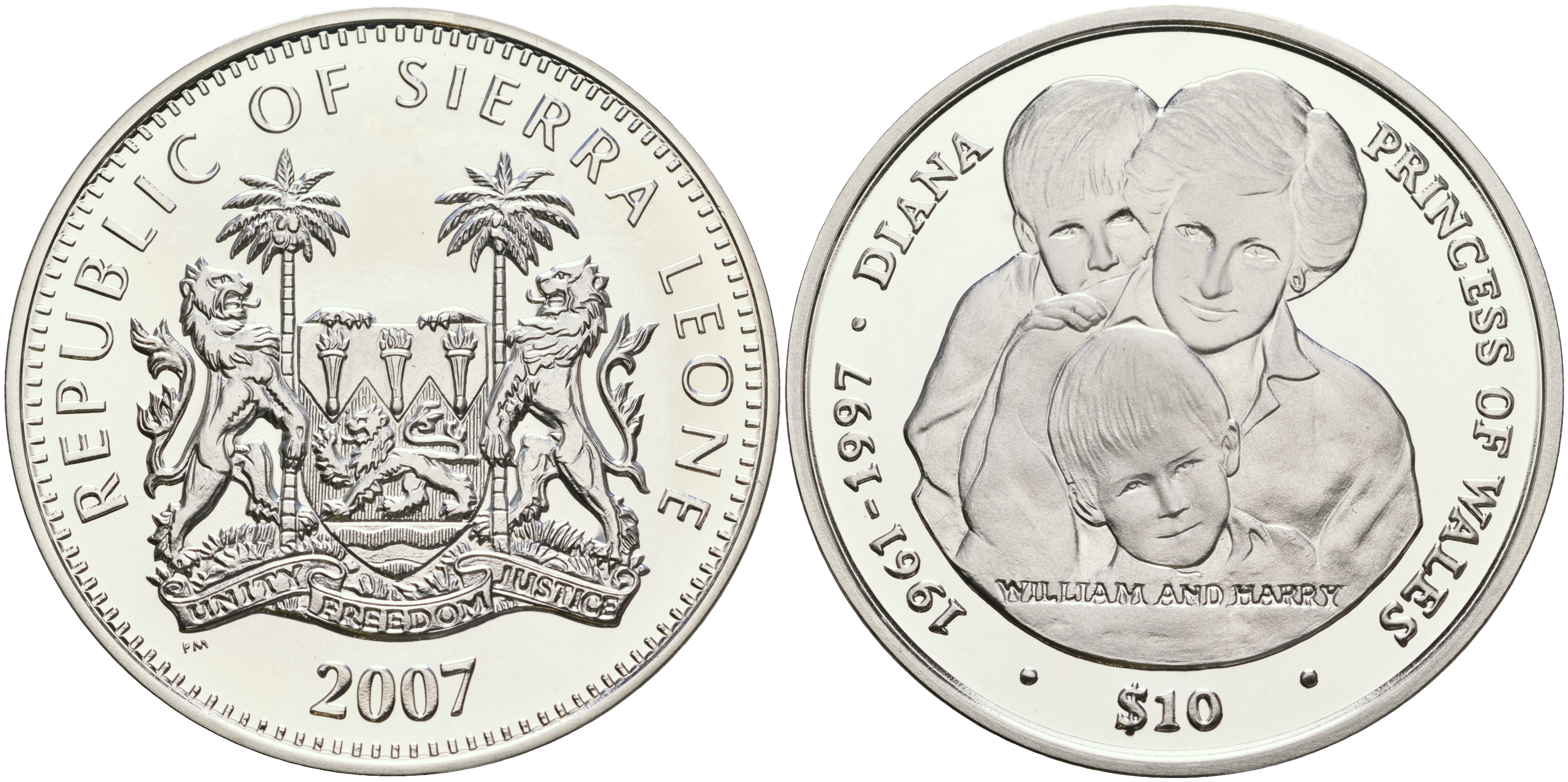 Сьерра-Леоне 10 долларов 2007 10 лет со дня смерти Принцессы Дианы KM 338 серебро PROOF 1068-2-23