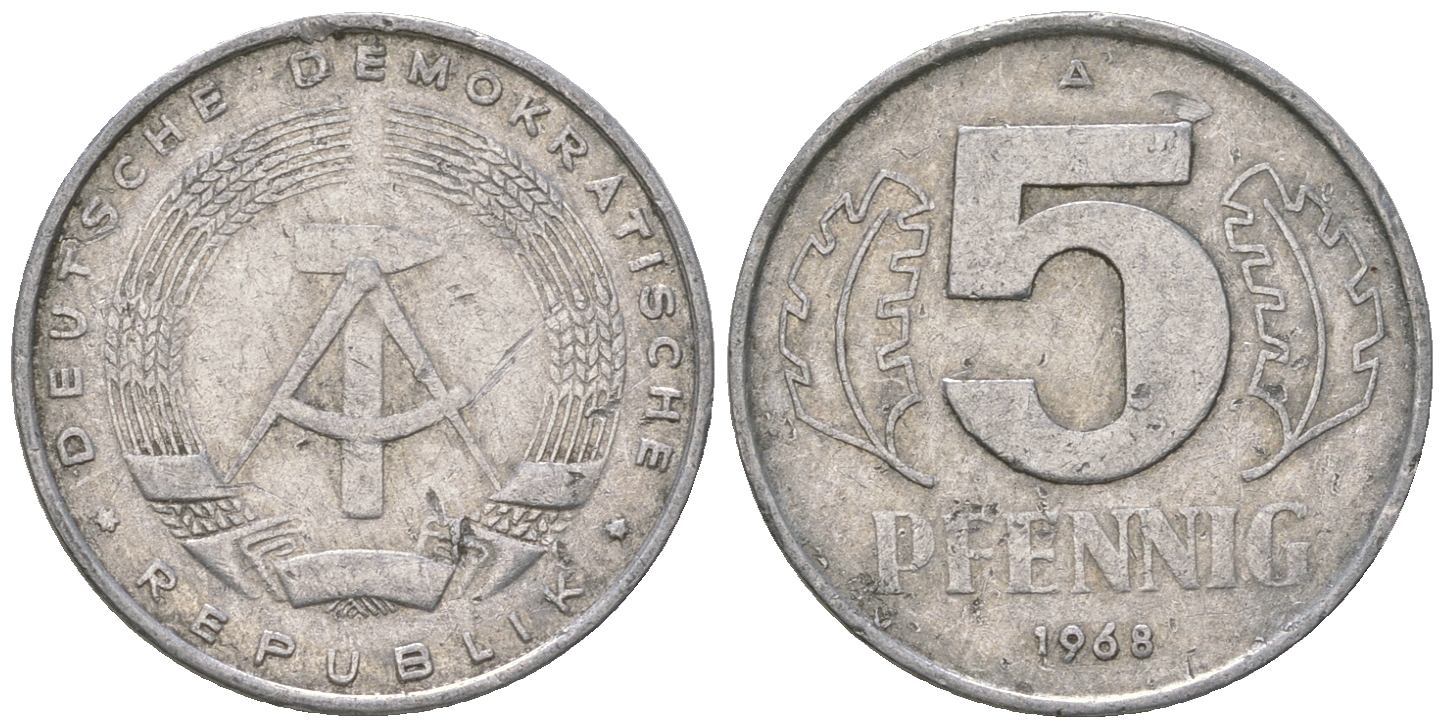 ГДР 5 пфеннигов 1968 A KM 9.1 алюминий 4625-229