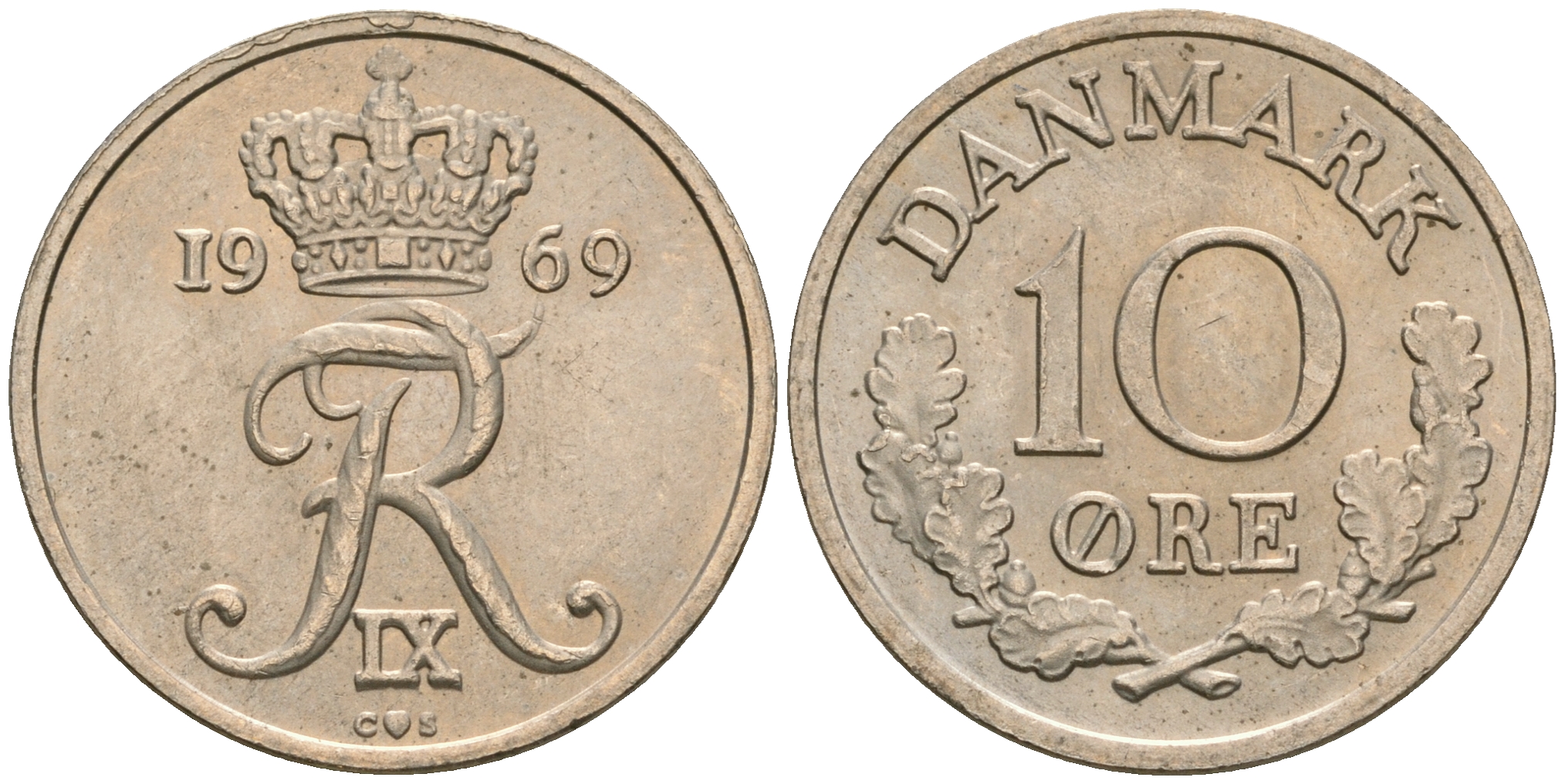 Дания 10 эре 1969 C,S, Фредерик IX (1947-1972) KM 849.1 медно-никель UNC 08-1444