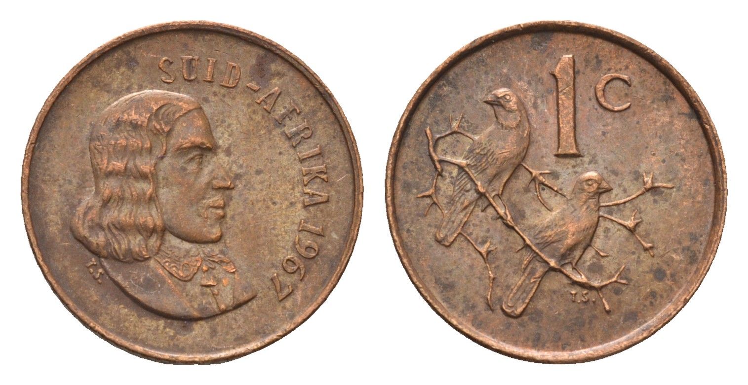 ЮАР 1 цент 1967 Ян ван Рибек (1619-1677), Suid Africa, легенда на африкаанс, капские воробьи KM 65.2 бронза 4690-1165