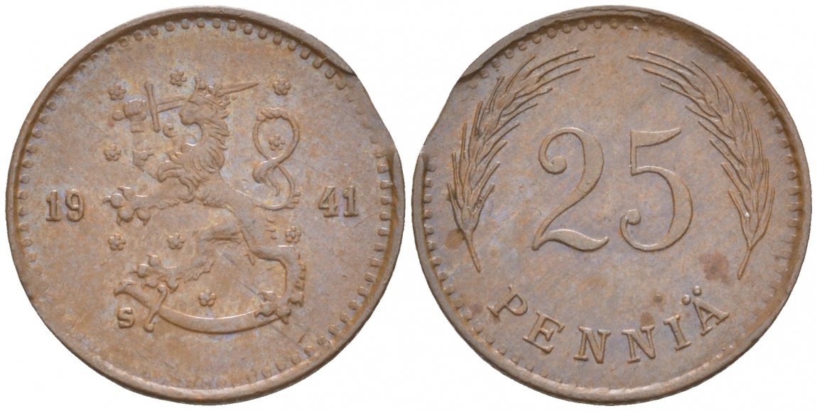 ФИНЛЯНДИЯ 25 ПЕННИ 1941 S KM 25а медь 100-1026