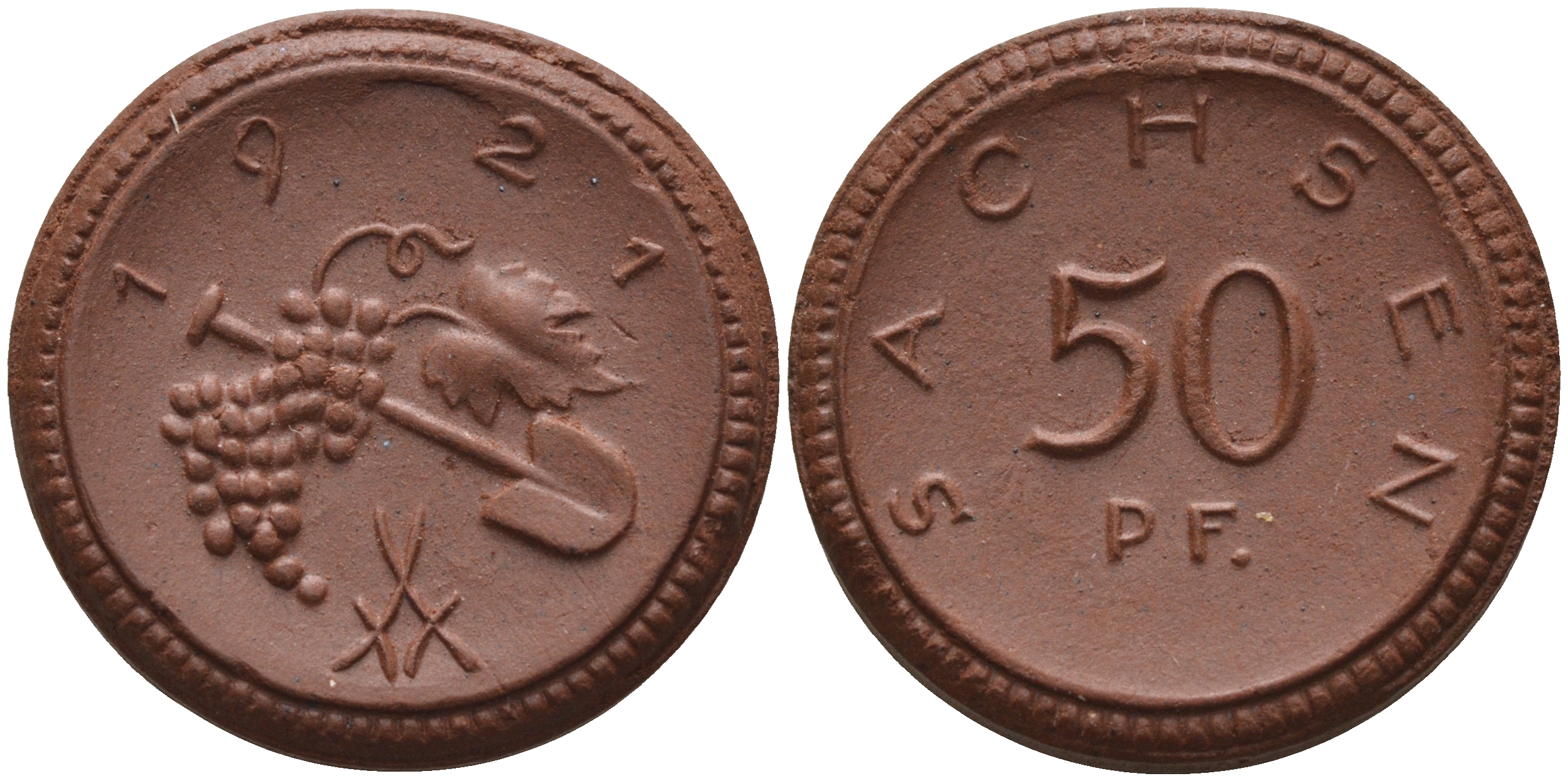 Саксония 50 пфеннигов 1921 виноград и лопата J. N 54 фарфор 1094-6-82