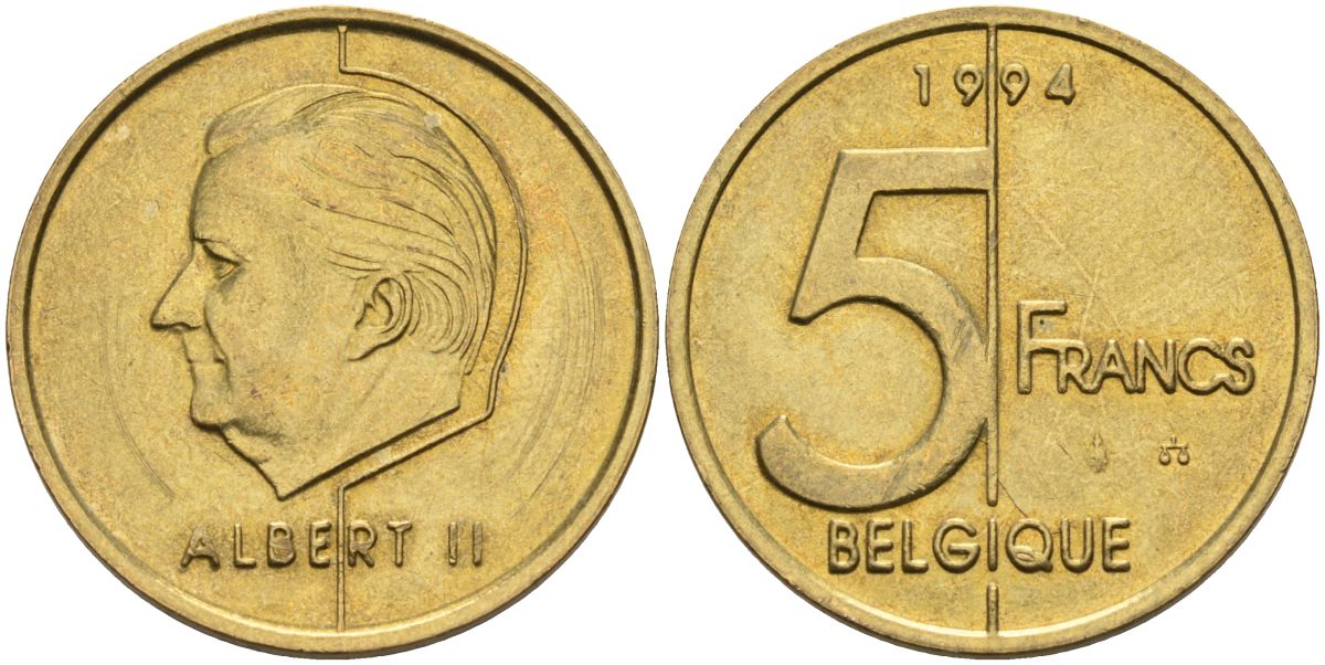 Бельгия 5 франков 1994 Belgique KM 189 алюминиевая бронза 4126-316
