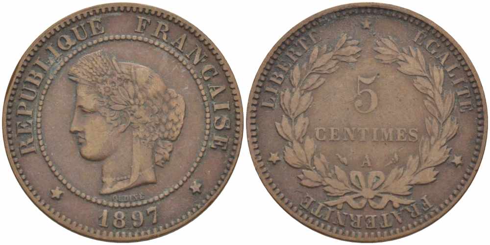 ФРАНЦИЯ 5 САНТИМОВ 1897 A, ТРЕТЬЯ РЕСПУБЛИКА (1871-1940) KM 821.1, LE FRANC 118.41 бронза 108-755