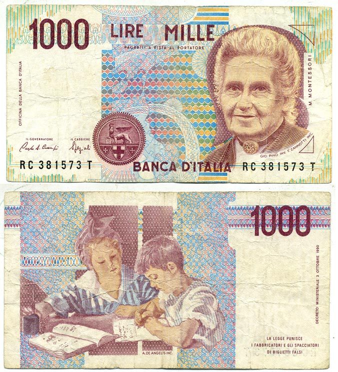 Италия 1000 лир 1990 Мария Монтессори Pick 114а бумага 7218-9-2