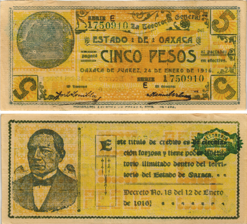 Мексика, Революция 5 песо 1916 Оахака, казначейство, Хуарес Pick S954 бумага 6287-12-1