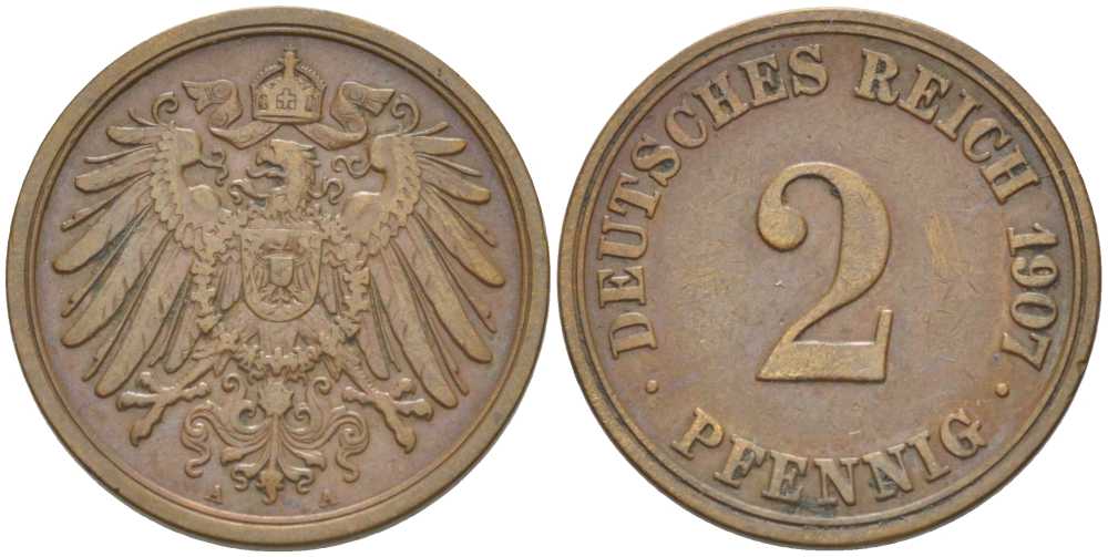 ГЕРМАНИЯ 2 ПФЕННИГА 1907 A KM 16, J. 11, Weege 4 медь 206-535