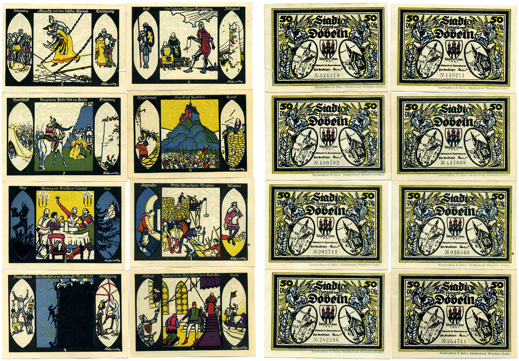 ДЁБЕЛЬН ЛОТ ИЗ 8 БАНКНОТ ПО 50 ПФЕННИГОВ 1921 1 СЕНТЯБРЯ 1921-30 СЕНТЯБРЯ 1921, НОТГЕЛЬД, ЗЕМЛЯ САКСОНИЯ Grabowski 277.1a бумага 2193-8-3-2