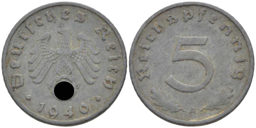 ГЕРМАНИЯ 5 РЕЙХСПФЕННИГОВ 1940 A KM 100, J. 370 цинк 105-234