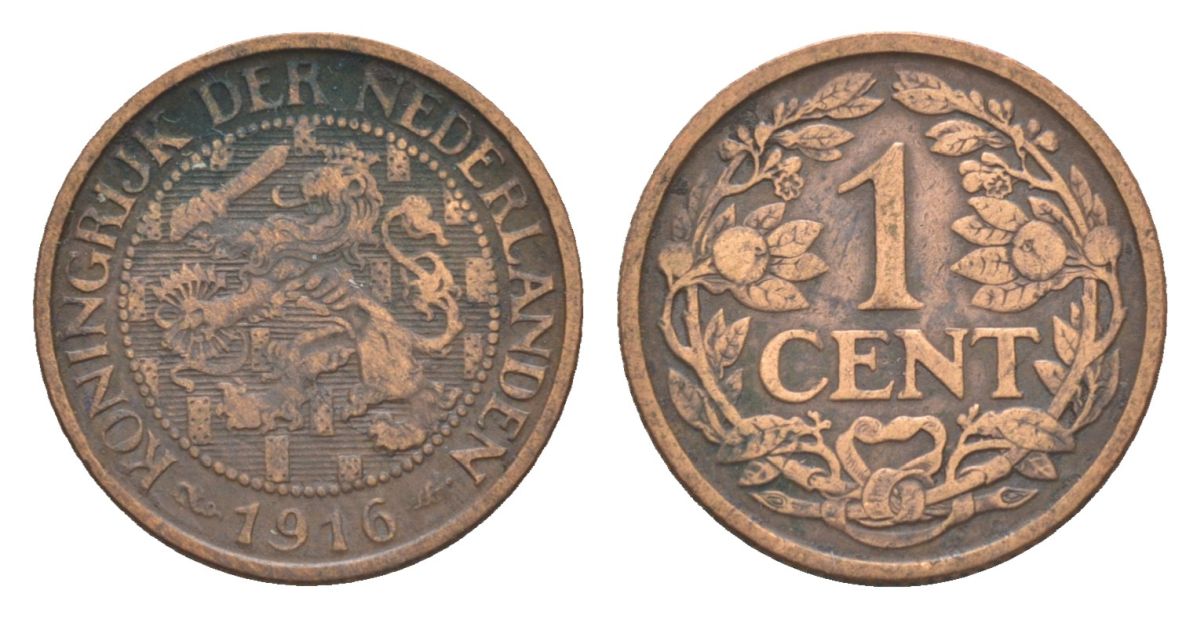 Нидерланды 1 цент 1916 Вильгельмина (1890-1948) KM 152 бронза 75-137