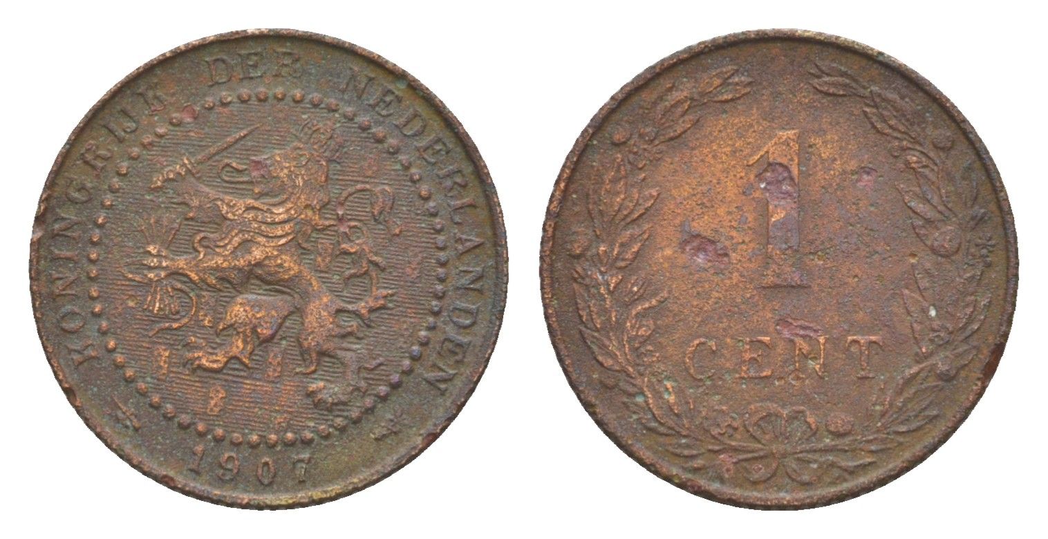 Нидерланды 1 цент 1907 Вильгельмина (1890-1948) KM 132 бронза 4644-827