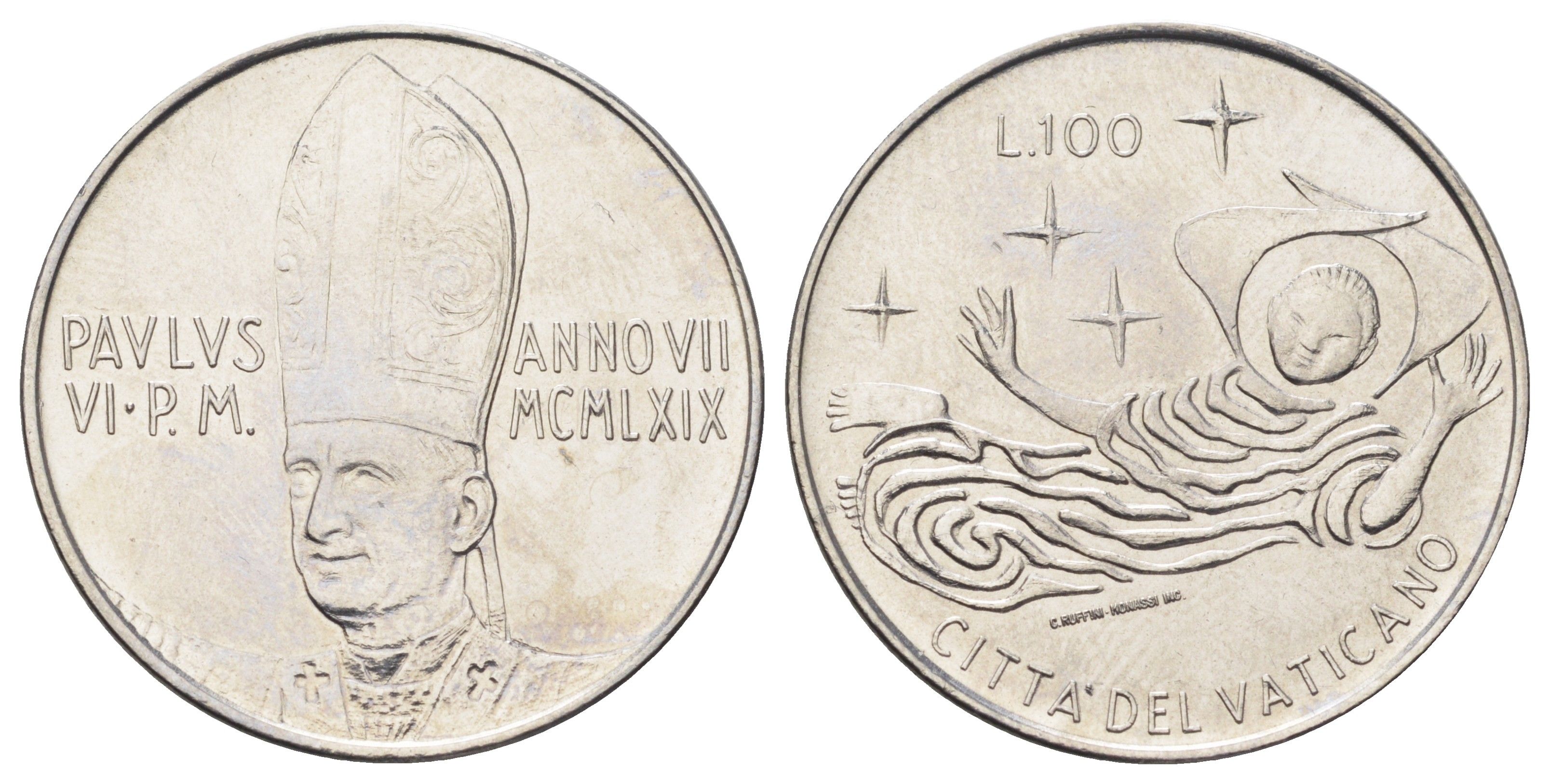 Ватикан 100 лир 1969 MCMLXIX, год-тип KM 114 нержавеющая сталь UNC 4700-643