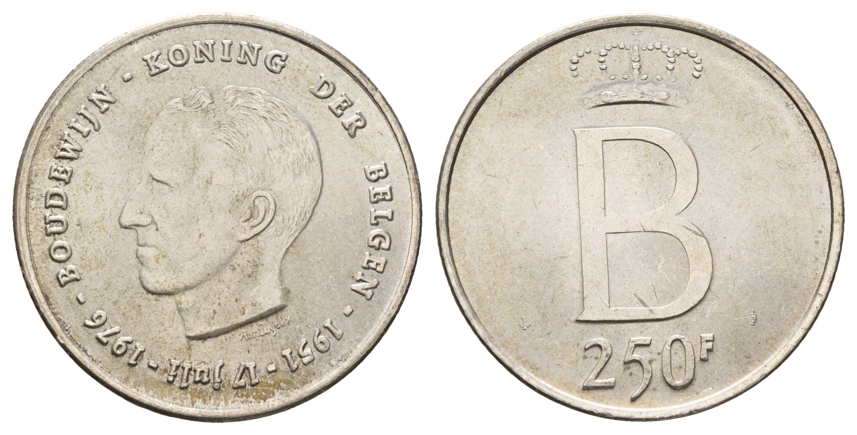 Бельгия 250 франков 1976 25 лет правления Бодуэна I, der Belgen KM 158 серебро 1519-1331