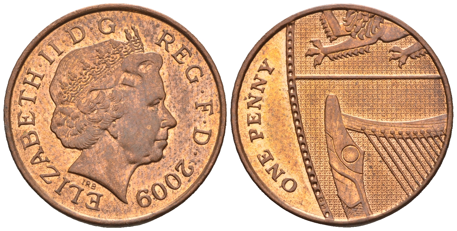 Великобритания 1 пенни 2009 Елизавета II (1952-2022) KM 1107, Spink B6 сталь плакированная медью 4609-658