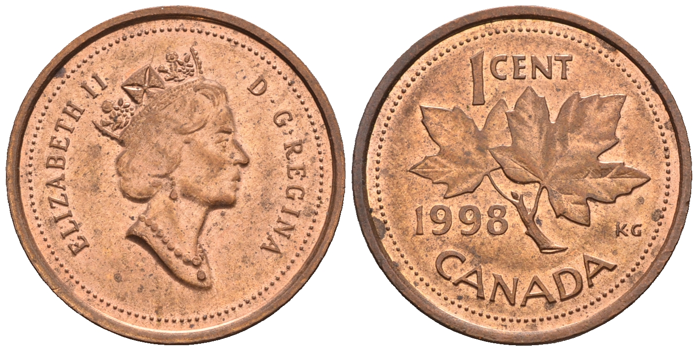 Канада 1 цент 1998 Елизавета II (1952-2022), кленовый лист KM 289 сталь плакированная медью 4609-256