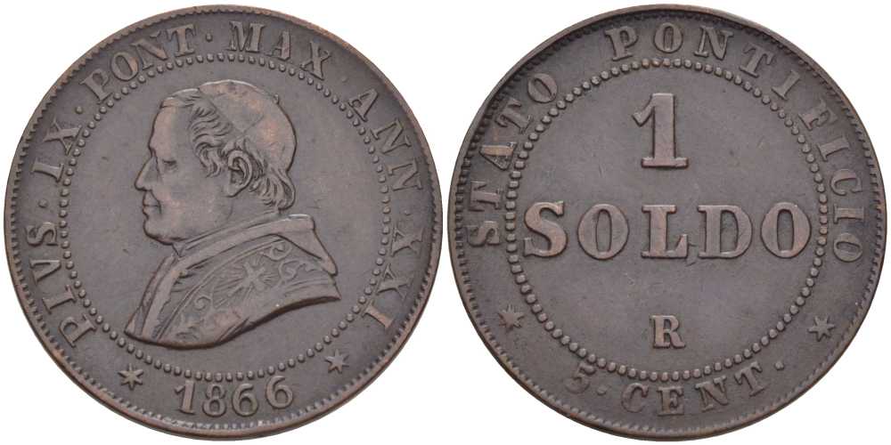 ВАТИКАН 1 СОЛЬДО = 5 ЧЕНТЕЗИМО 1866 R, ГОД XXI, ПАПА ПИЙ IX (1846-1878), МАЛАЯ ГОЛОВА KM 1372.1 (С182) медь 1521-1011
