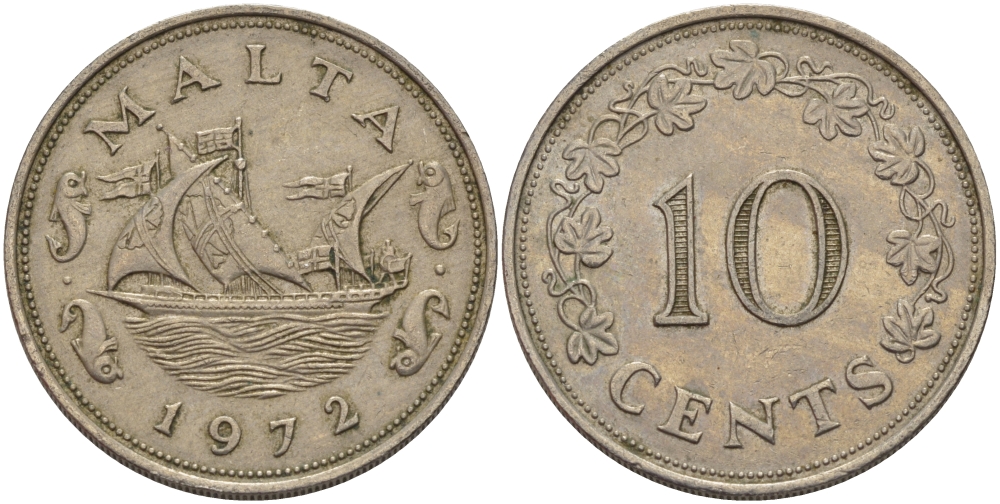 Мальта 10 центов 1972 баржа Великого магистра KM 11 медно-никель 82-522