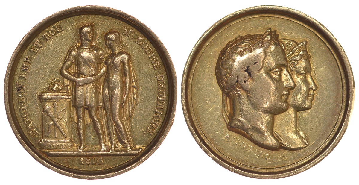 Франция медаль 1810 на свадьбу Наполеона с Марией Луизой Австрийской, 3,4 гр., диаметр 15 мм золото 10-010-73