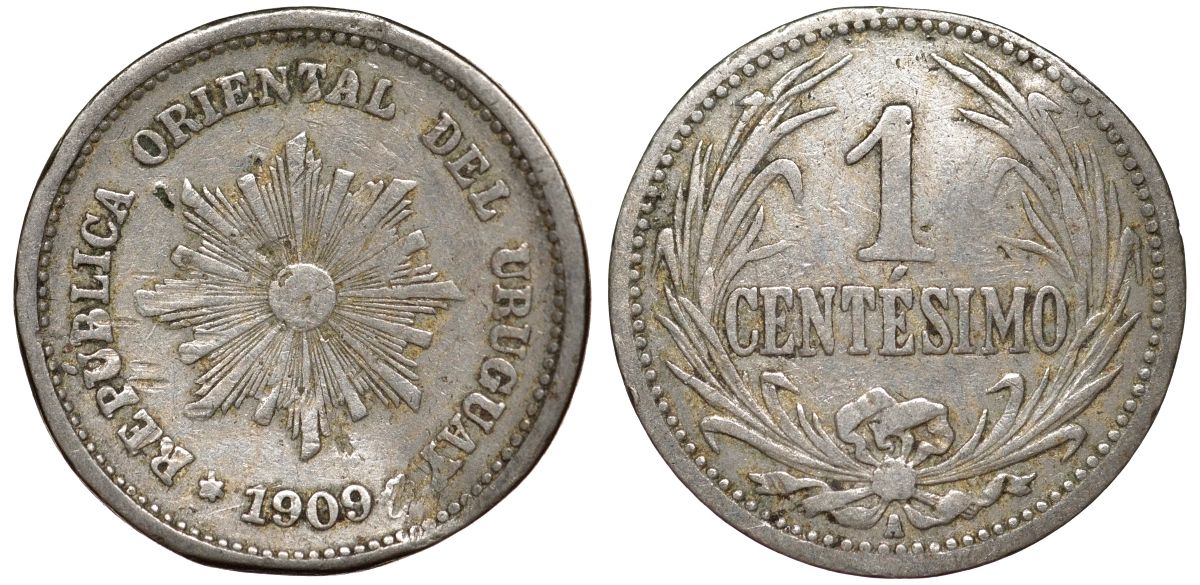 Уругвай 1 сентесимо 1909 KM 19 медно-никель 4169-564
