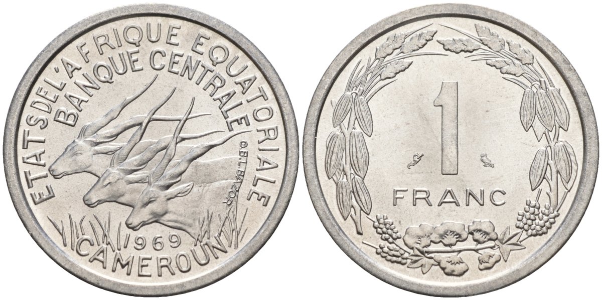 Экваториальные Африканские штаты, Камерун 1 франк 1969 антилопы KM 6 алюминий UNC 4142-527