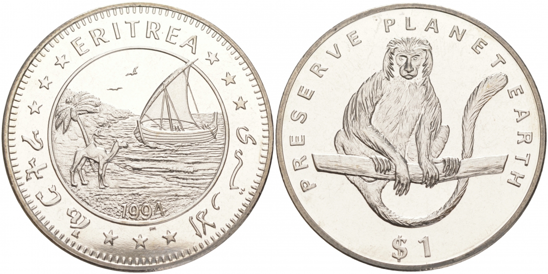 Эритрея 1 доллар 1994 серия берегите планету Земля, колобус (обезьяна) KM 17 медно-никель UNC M20-10