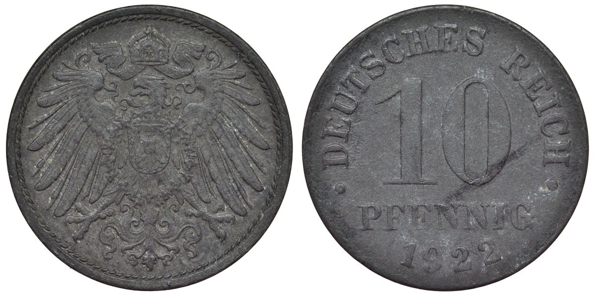 Германия 10 пфеннигов 1922 KM 26, J. 299, Weege 8 цинк 4119-344
