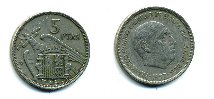 ИСПАНИЯ 5 ПЕСЕТ 1957 (68) ФРАНСИСКО ФРАНКО ДИКТАТОР ИСПАНИИ (1939-1975) KM 786 медно-никель 53-1222