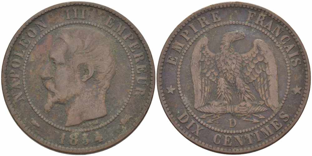 ФРАНЦИЯ 10 САНТИМОВ 1854 D, НАПОЛЕОН III (1852-1870) KM 771.4, LE FRANC 133.14 бронза 38-921