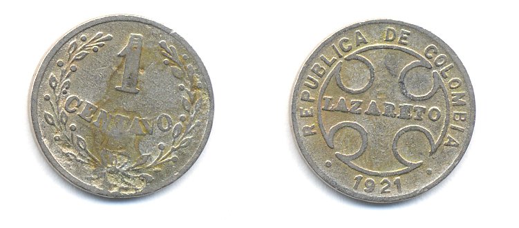 Колумбия 1 сентаво 1921 государственный лепрозорий KM L9 медно-никель 53-162