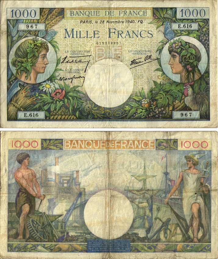 ФРАНЦИЯ 1000 ФРАНКОВ 1940 28 НОЯБРЯ 1940 Pick 96а бумага VF 8607-91-1