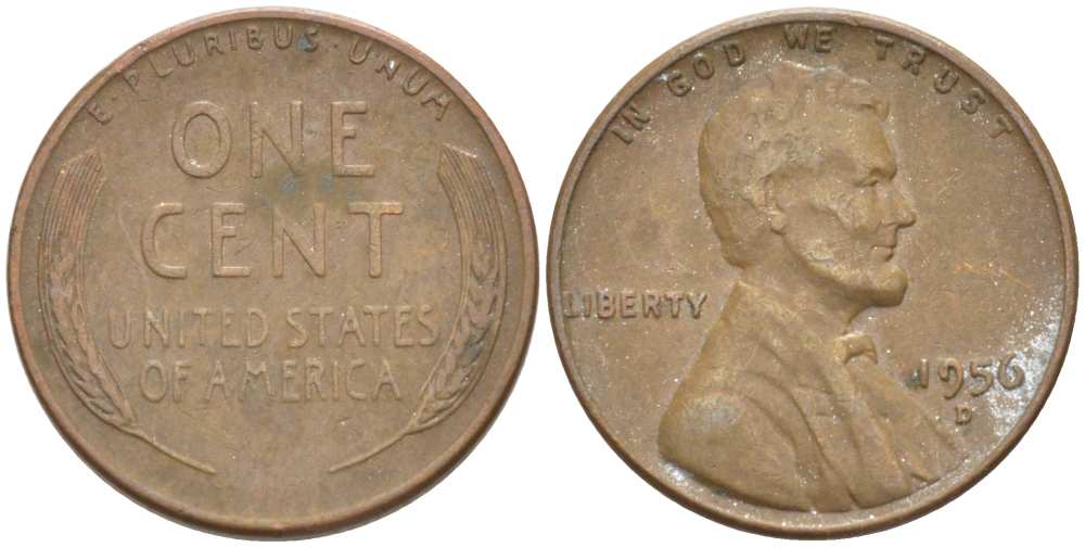 США 1 ЦЕНТ 1956 D, ЛИНКОЛЬН KM А132 медь цинк 218-667