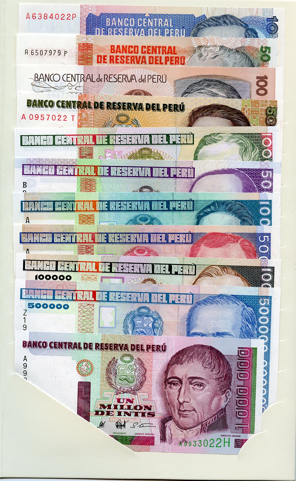 Перу официальный набор из 11 банкнот 1985-1990 реформа 1985 года, от 10 до 1000000 инти   бумага  UNC (пресс) 451-1410-1