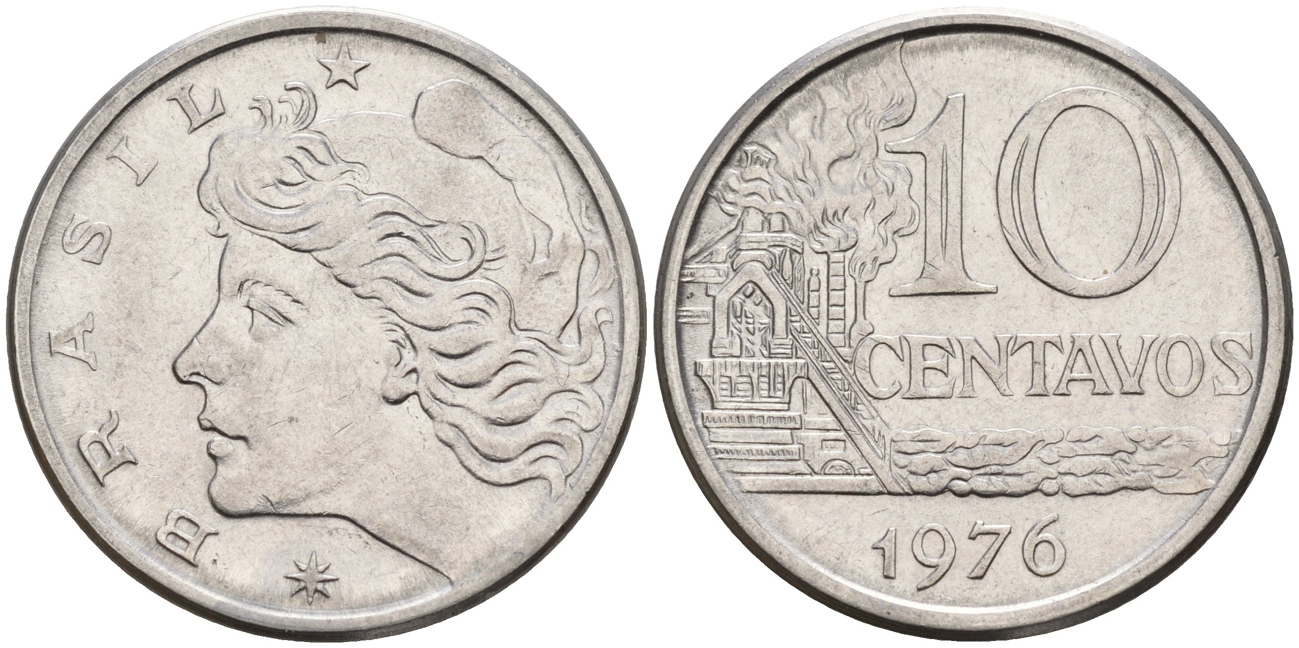Бразилия 10 сентаво 1976 KM 578.1a, Schon 83b нержавеющая сталь UNC  4603-223