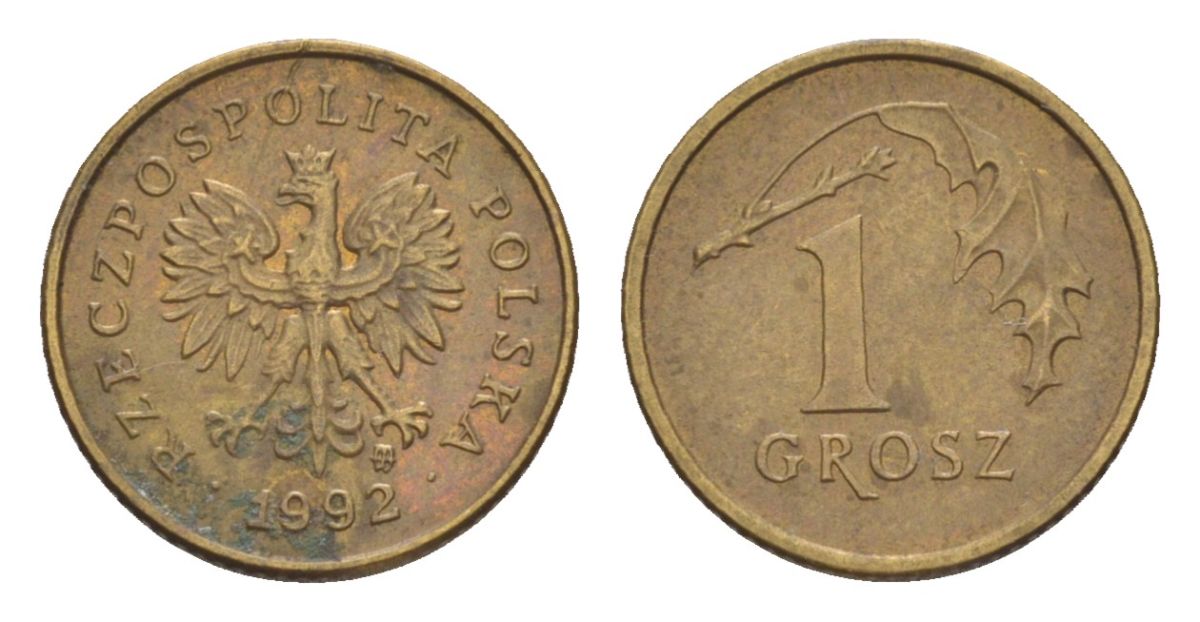 Польша 1 грош 1992 Y 276 марганец латунь 4627-1051