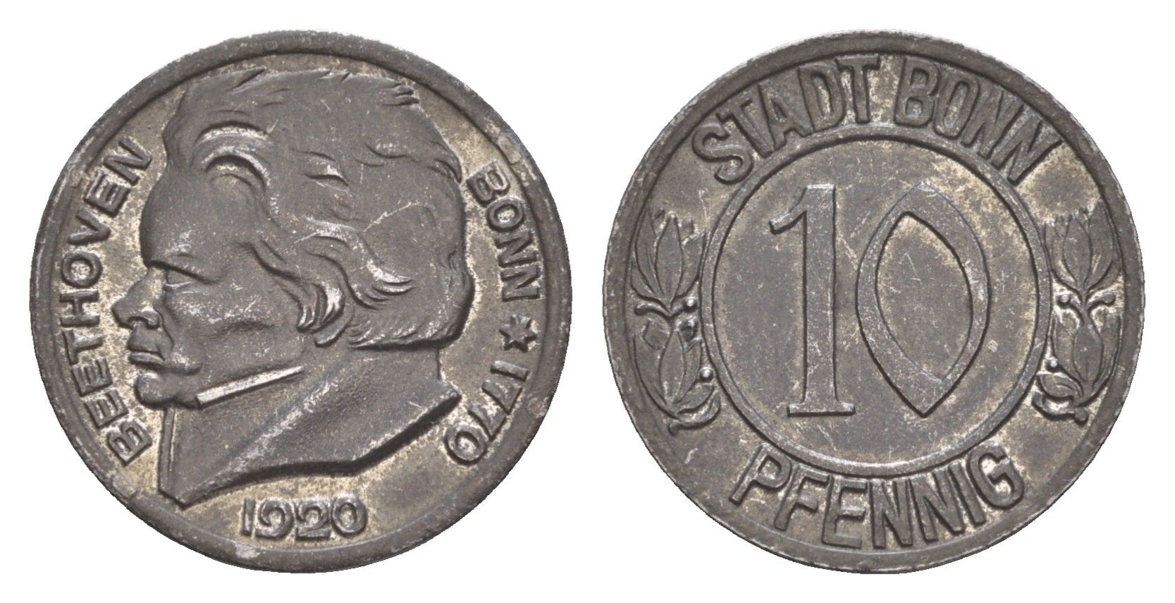 Бонн 10 пфеннигов 1920 Бетховен Funck 51.1A, Men05 3220.1, Men18 4134.1 железо 4651-1065