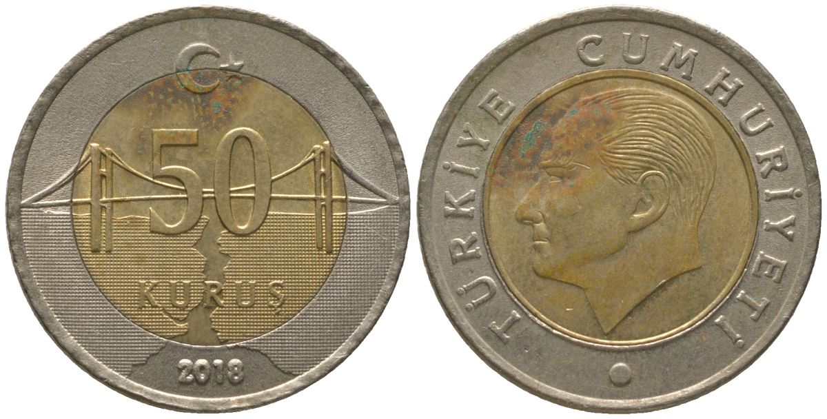Турция 50 курушей 2018 KM 1243 биметалл 4561-1213